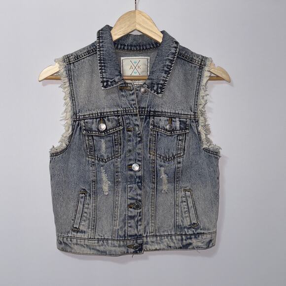 Angel Kiss Distressed Denim Frayed Armholes Jean Vest Womens size medium - Picture 1 of 10